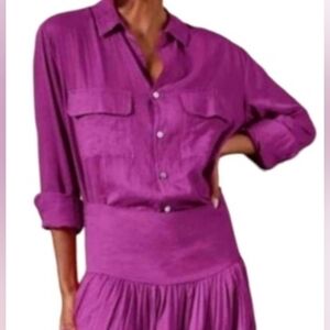 Erika Pena Size X-Small Ana Morado Purple Cotton Relaxed-Fit Button Down Shirt